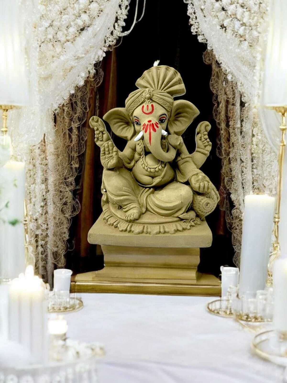 Suninow Eco Friendly Clay Ganesh Idol for Ganesh Chaturthi – 6.7 Inch