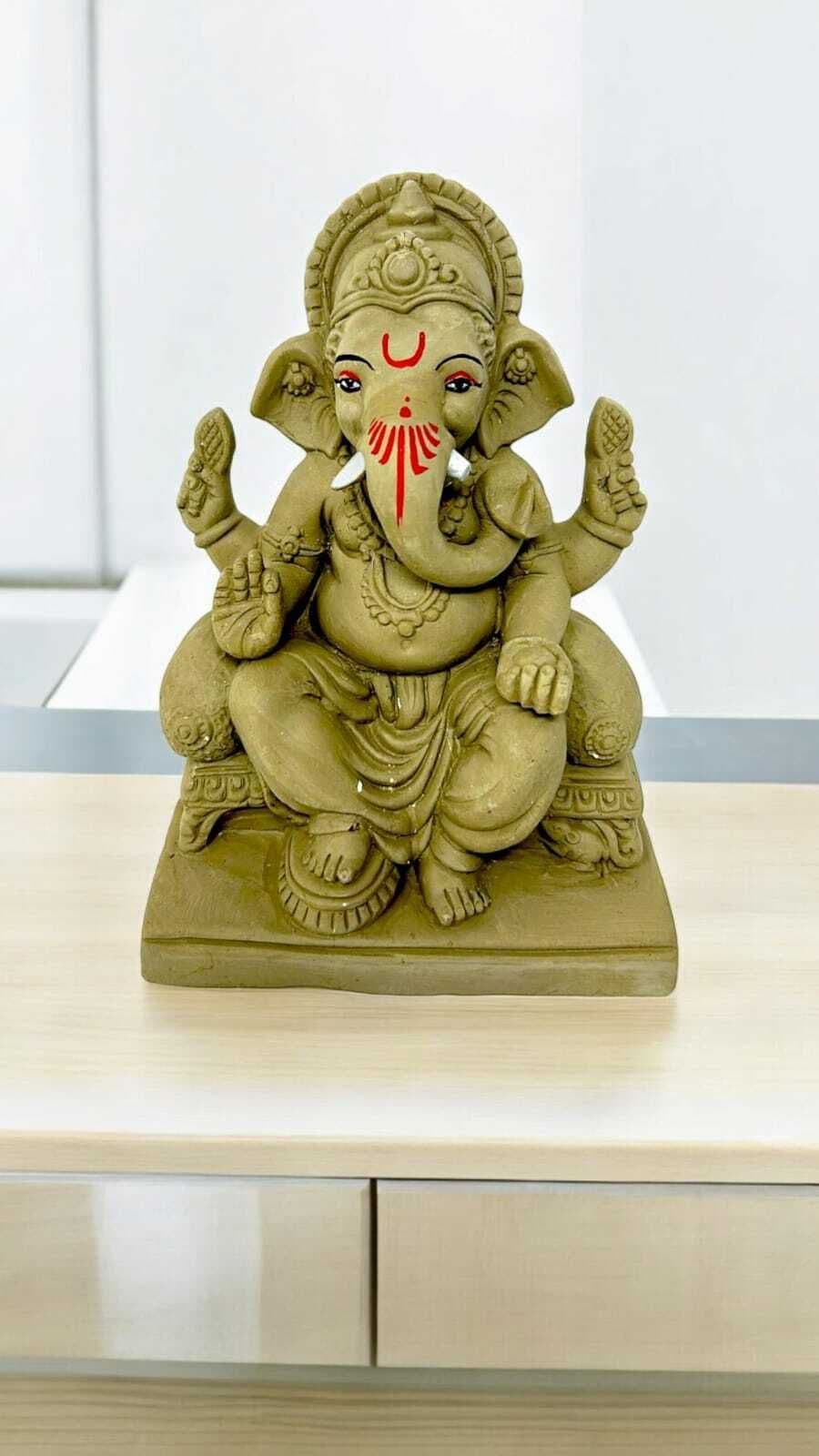 Suninow Eco Friendly Clay Ganesh Idol for Ganesh Chaturthi – 7.1 Inch (12cm Deep)