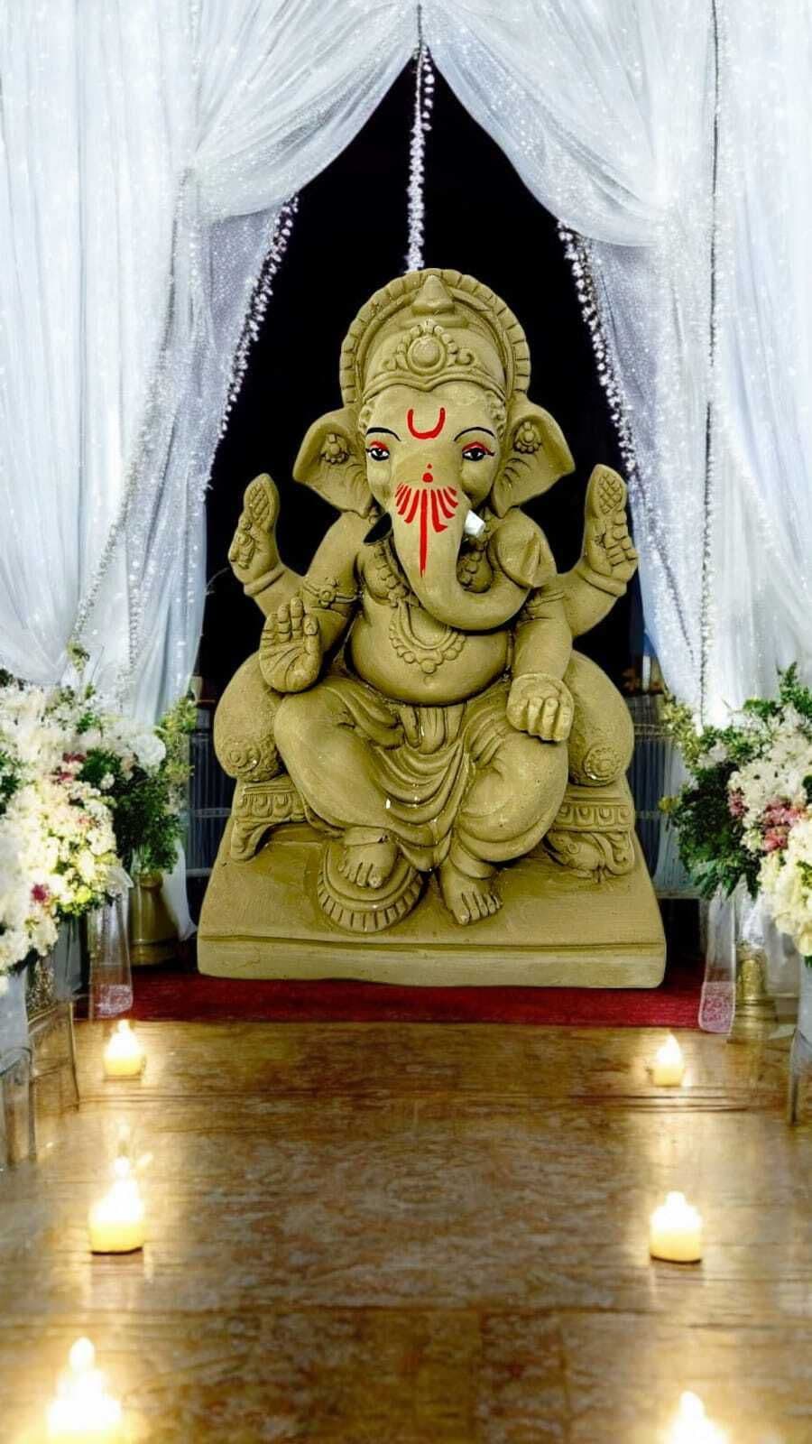 Suninow Eco Friendly Clay Ganesh Idol for Ganesh Chaturthi – 7.1 Inch (12cm Deep)