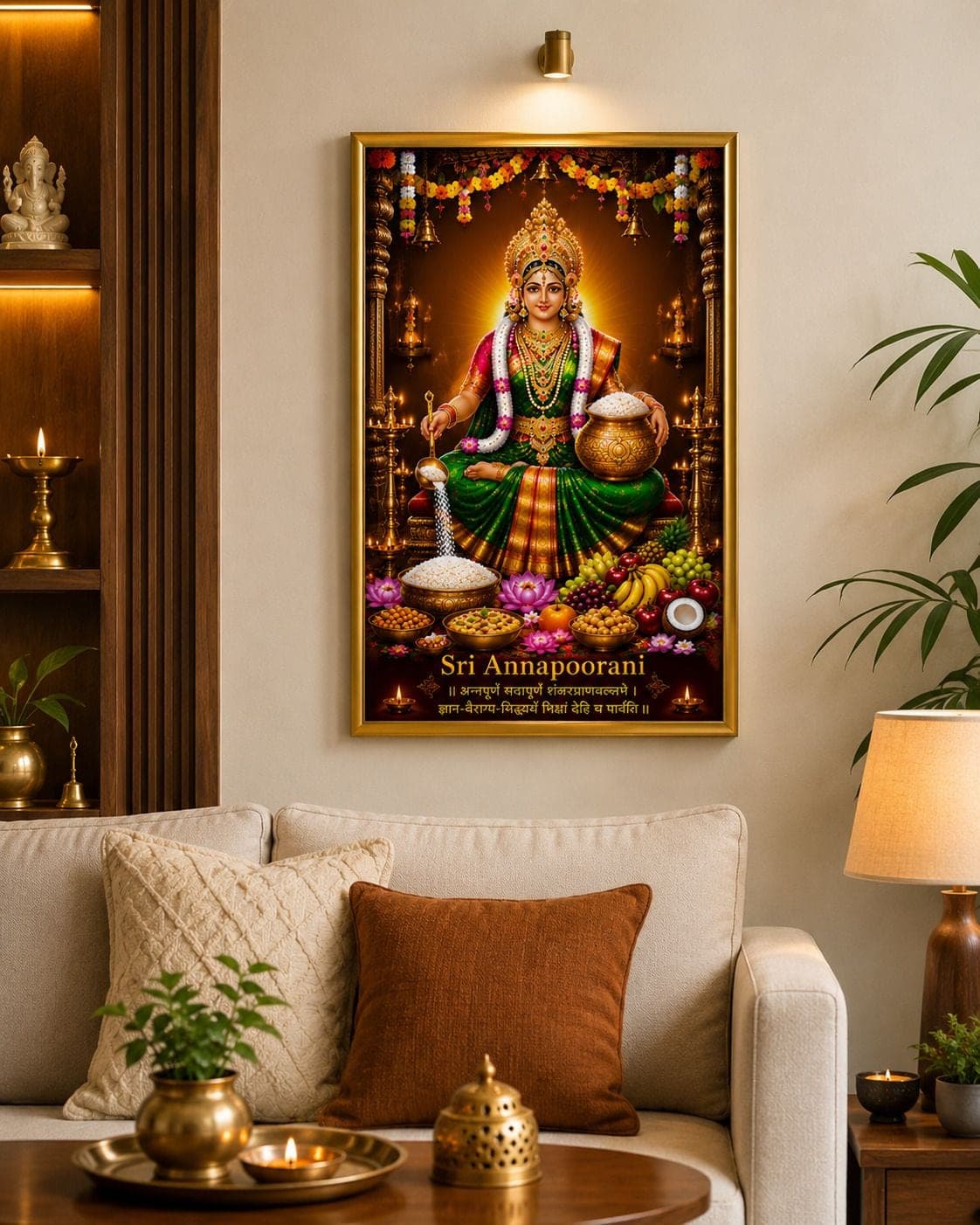 Sri Annapoorani Devi Wood Religious Frame — 22x17 cm