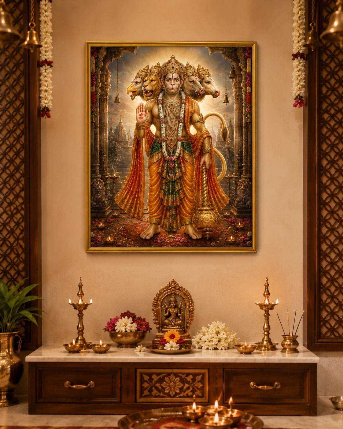 Panchmukhi Hanuman Gold Religious Frame for Pooja Room — 22x17 cm