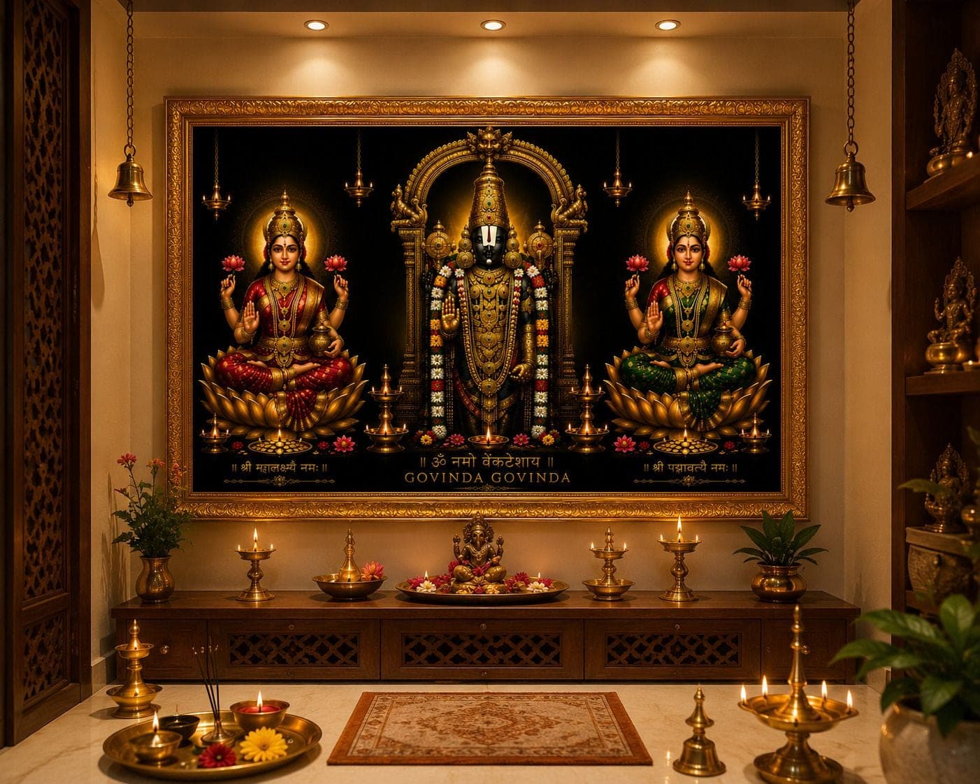 Lord Venkateswara with Goddess Lakshmi & Padmavati Religious Photo Frame — 33x24 cm