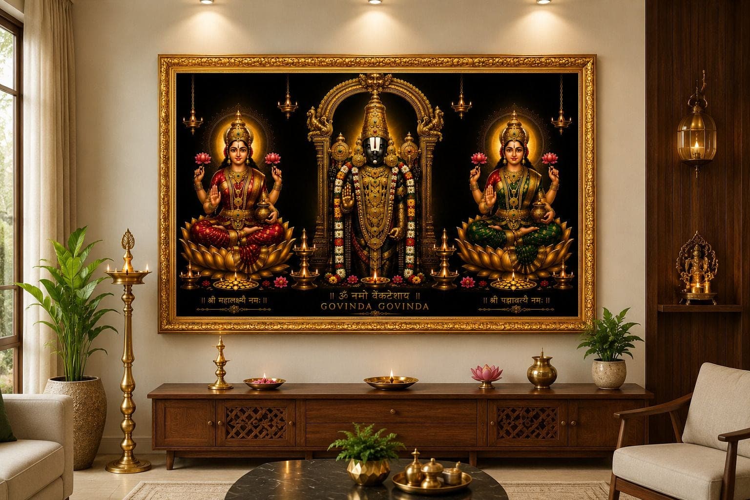 Lord Venkateswara with Goddess Lakshmi & Padmavati Religious Photo Frame — 33x24 cm
