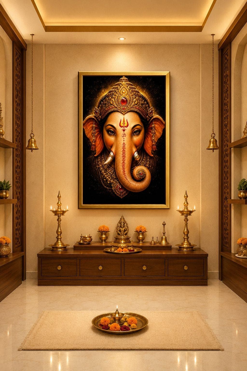 Lord Ganesha Golden Framed Wall Painting for Home and Pooja Room — 33x24 cm