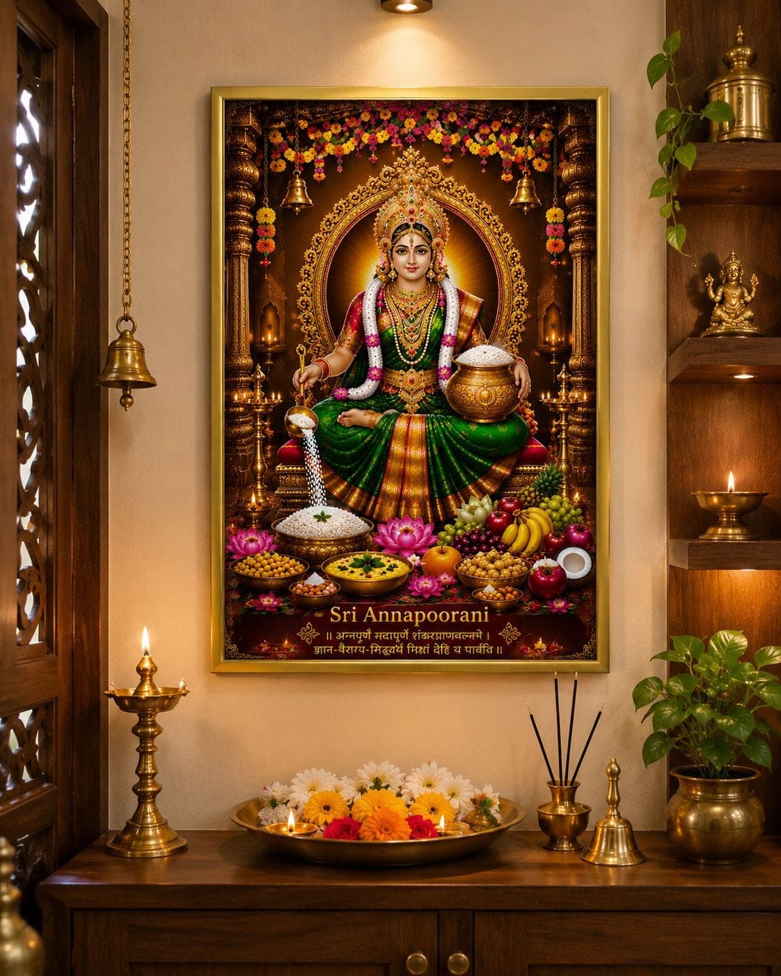 Sri Annapoorani Devi Wood Religious Frame — 33x24 cm
