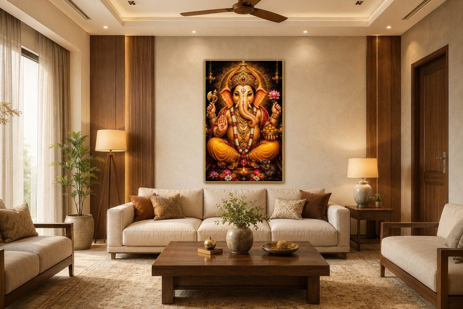 Lord Ganesha Golden Frame Wall Painting for Pooja Room and Living Room — 33x24 cm