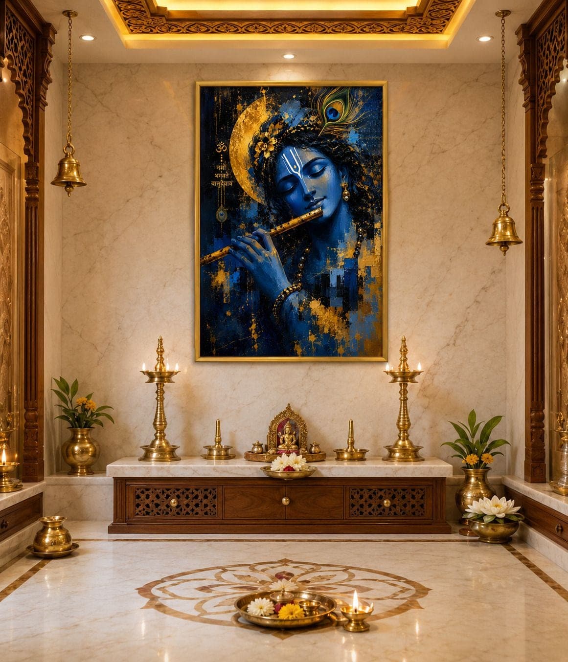 Lord Krishna Flute Black Religious Frame for Pooja Room — 33x24 cm