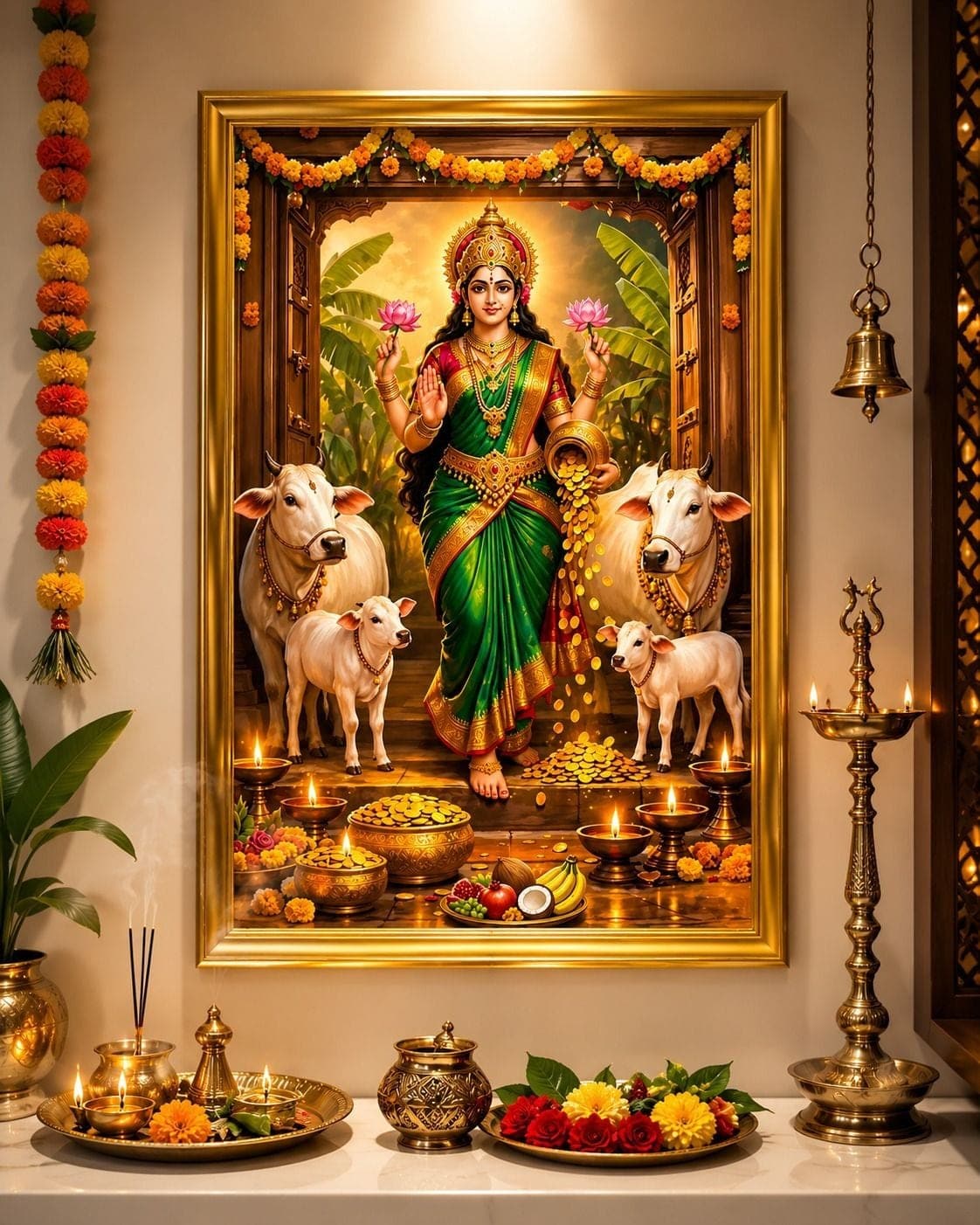 Divine Goddess Lakshmi Wall Painting with Cow & Calf 12 x 16 — 45.72x35.56 cm
