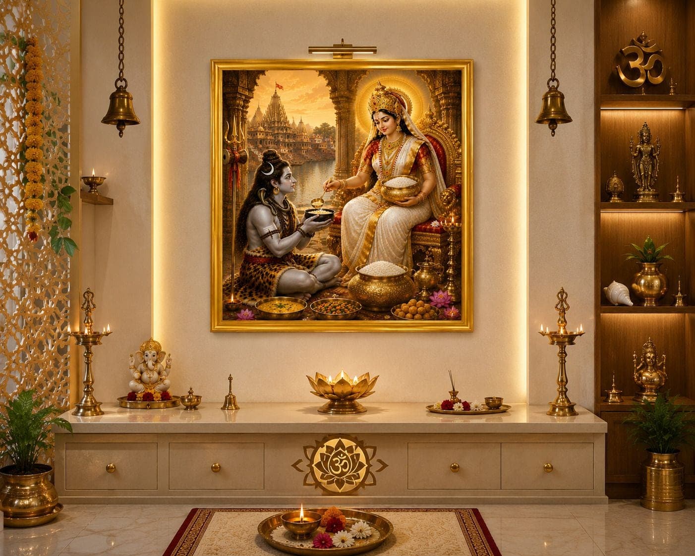 Maa Annapurna Devi Feeding Lord Shiva Golden Frame Wall Photo — 24x19 cm