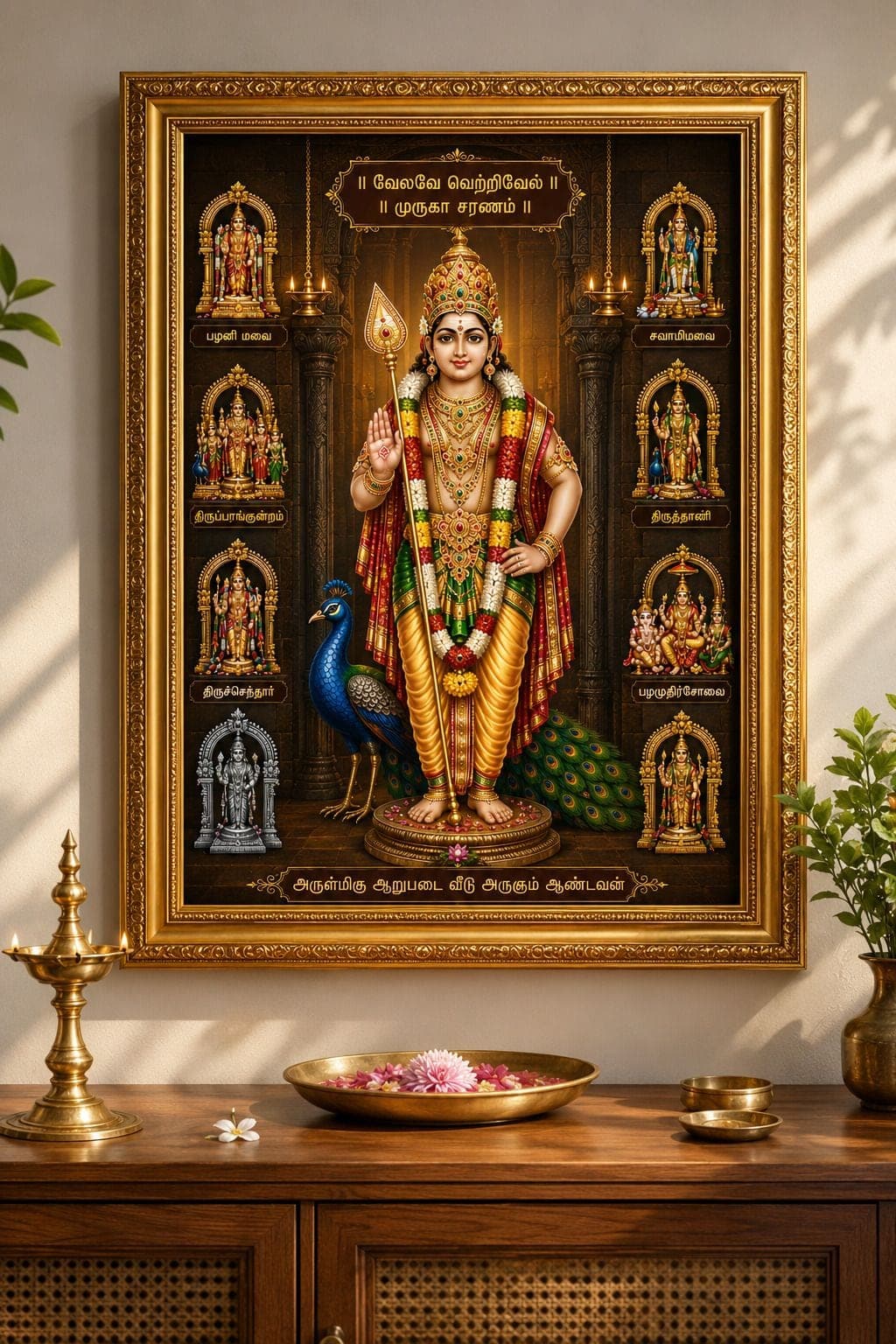 Lord Murugan / Kartikeya Swami Arupadai Veedu Religious Photo Frame — 24x19 cm
