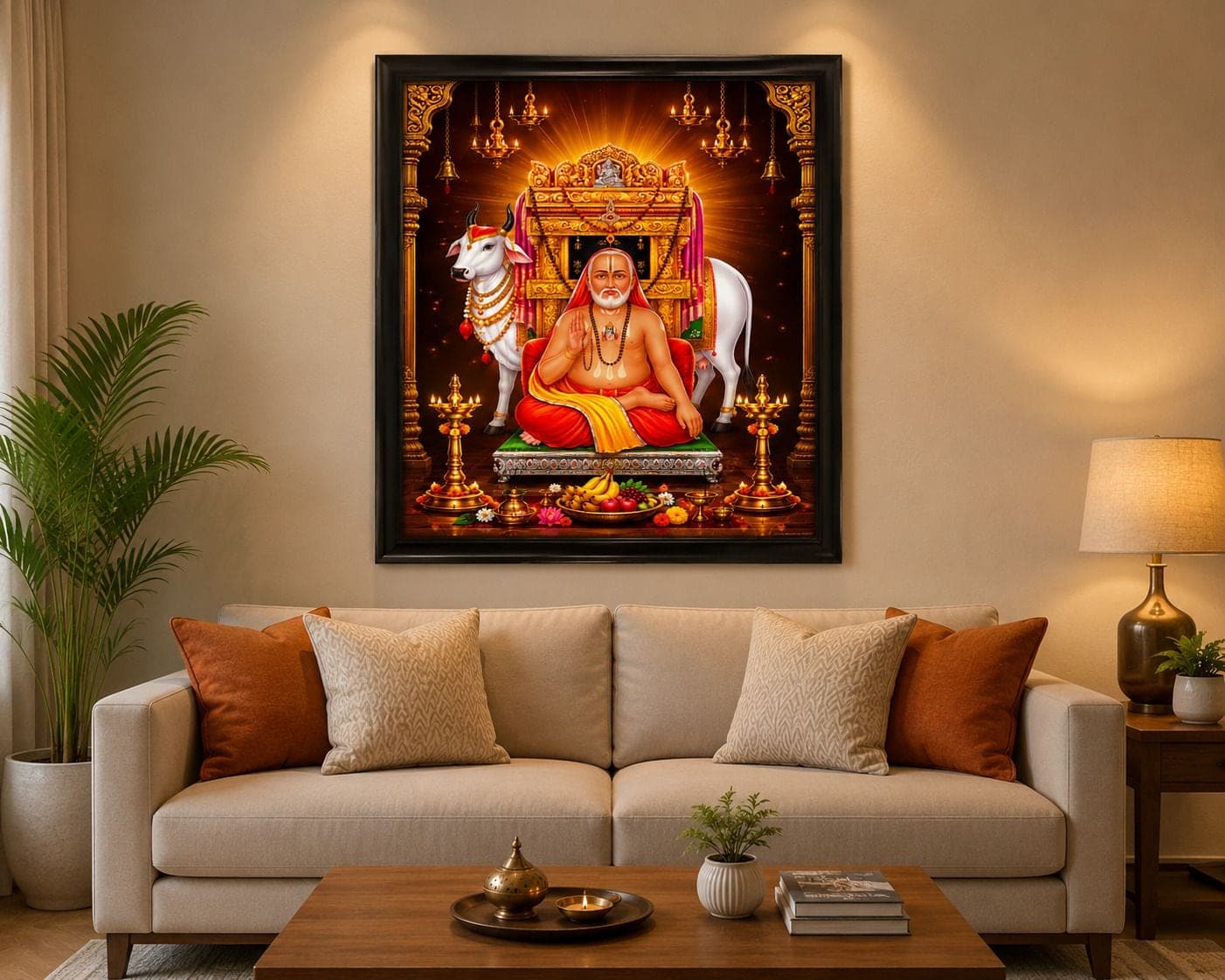 Shri Raghavendra Swamy with Kamadhenu Cow Wall Photo Religious Photo Frame — 24x19 cm