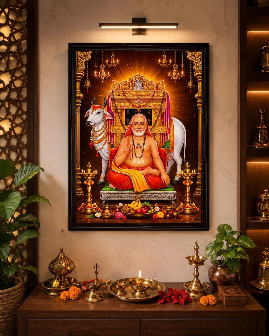 Shri Raghavendra Swamy with Kamadhenu Cow Wall Photo Religious Photo Frame — 24x19 cm