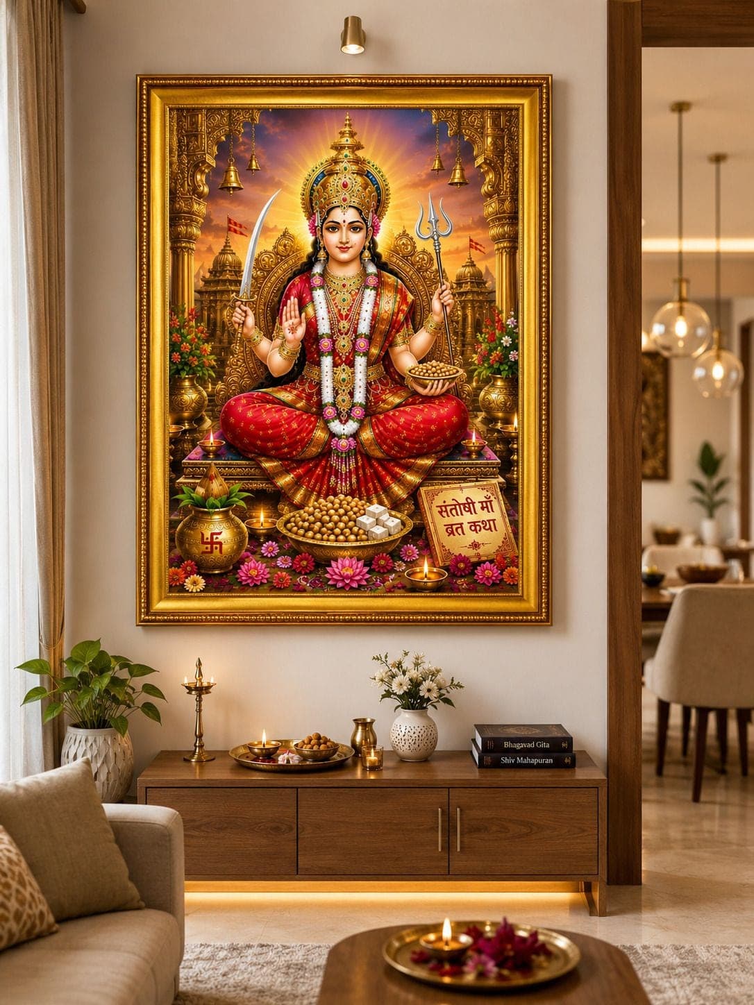 Santoshi Maa Vrat Katha Golden Frame — 24x19 cm