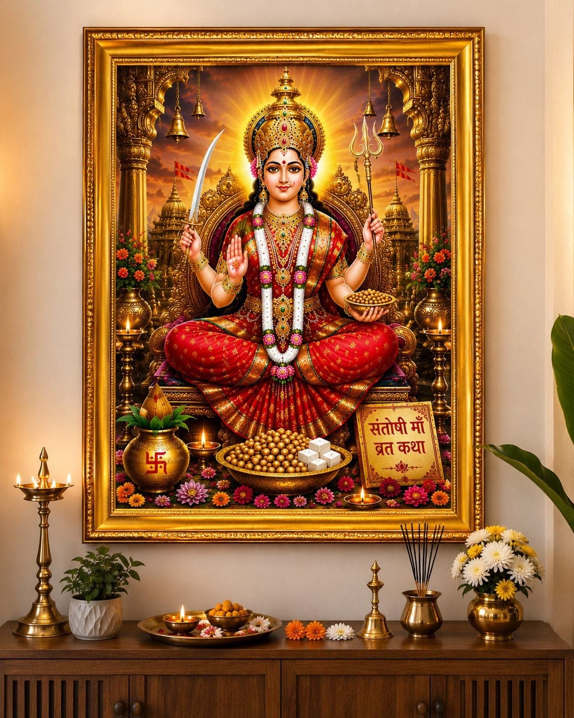Santoshi Maa Vrat Katha Golden Frame — 24x19 cm