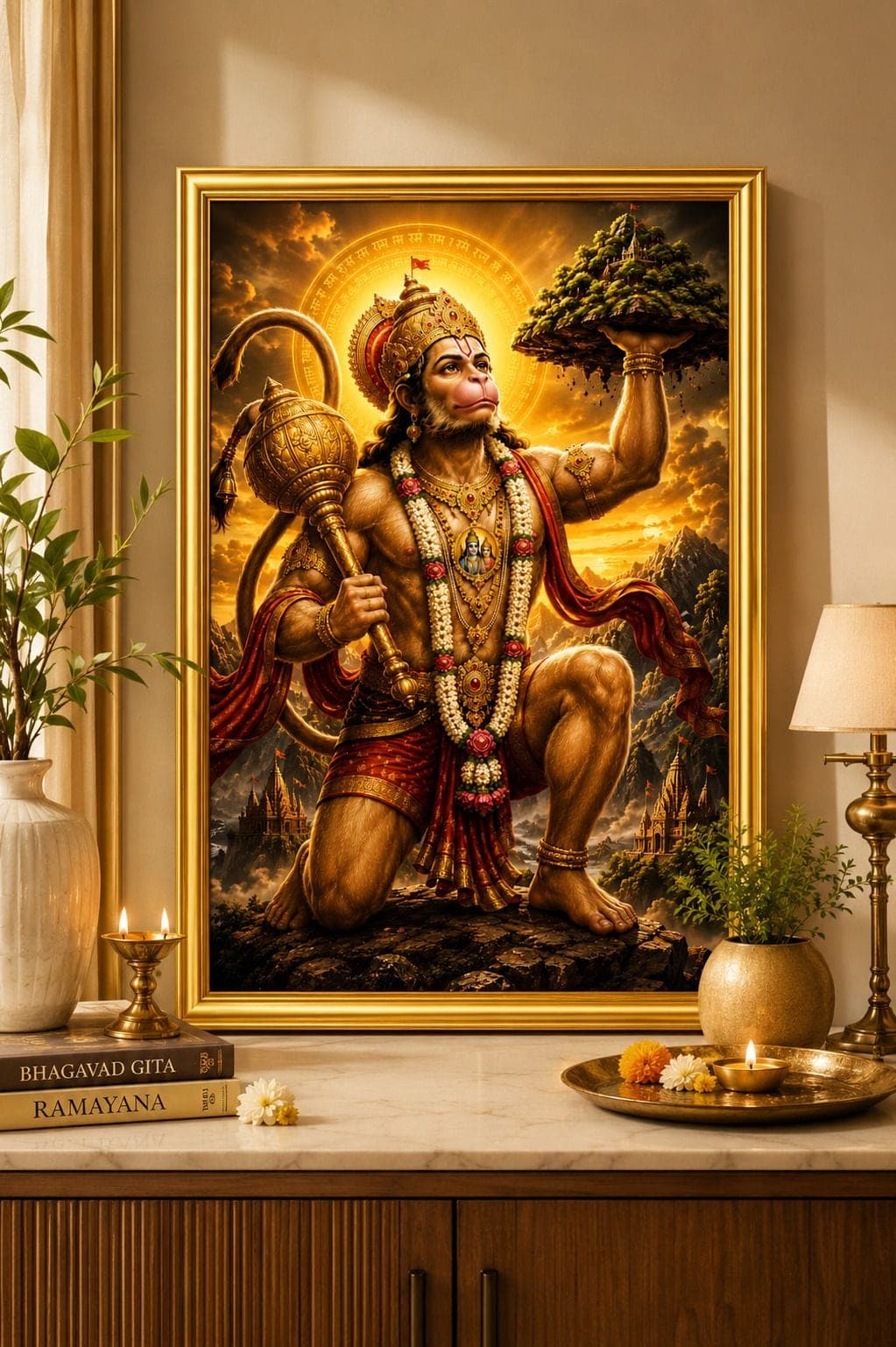 Lord Hanuman Ji Sanjeevani Mountain Golden Frame Wall Photo — 24x19 cm