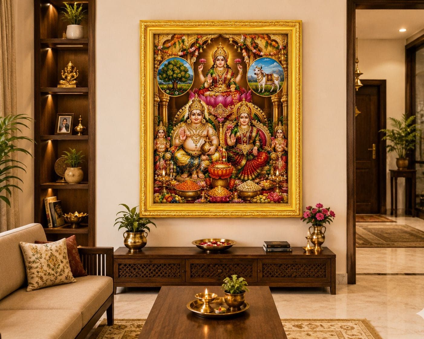Lakshmi Kuber Dhan Varsha Photo Frame with Kamdhenu & Kalpavriksha — 24x19 cm