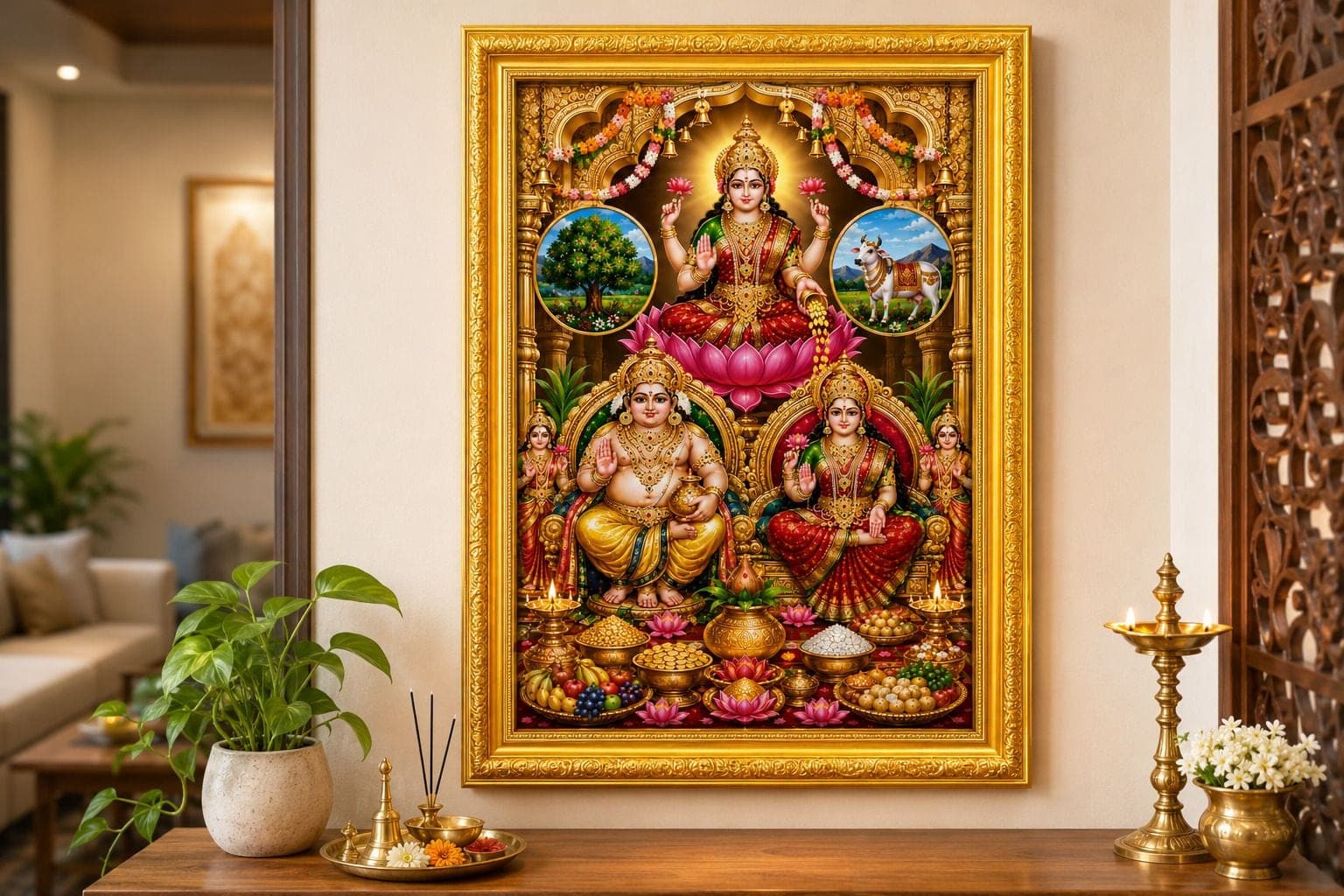 Lakshmi Kuber Dhan Varsha Photo Frame with Kamdhenu & Kalpavriksha — 24x19 cm