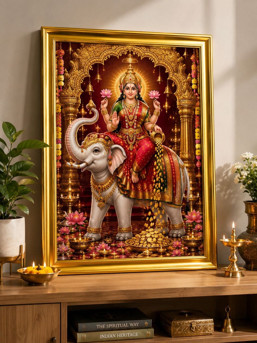 Maa Lakshmi on Airavat Elephant Golden Frame — 24x19 cm