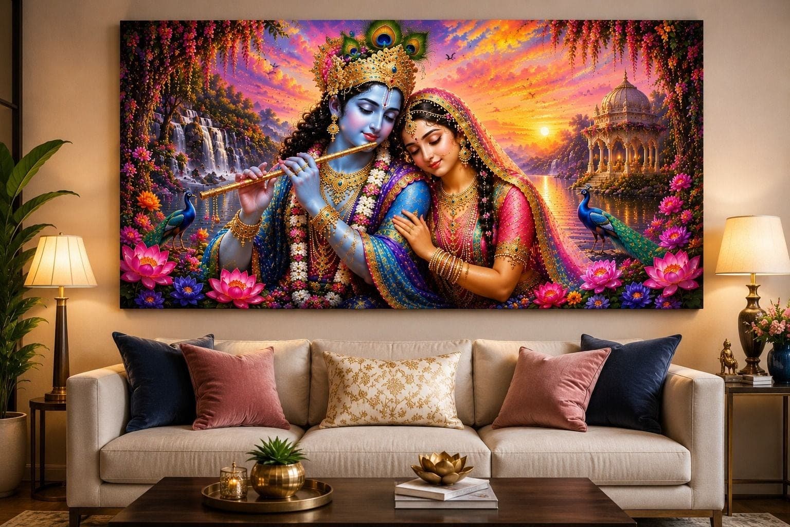 Radha Krishna Framed Ink 12 inch x 24 inch Painting (Without Frame) — 29x60 cm