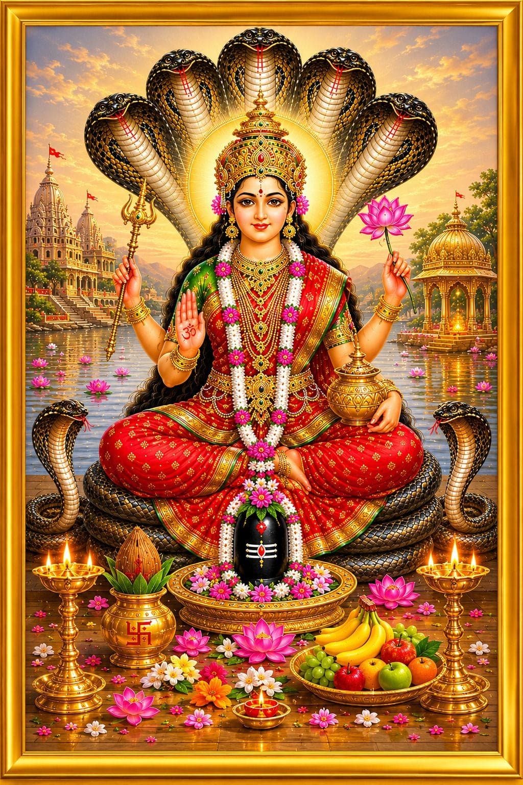 Maa Mansa Devi Photo Frame with Plain Golden Frame — 24x19 cm