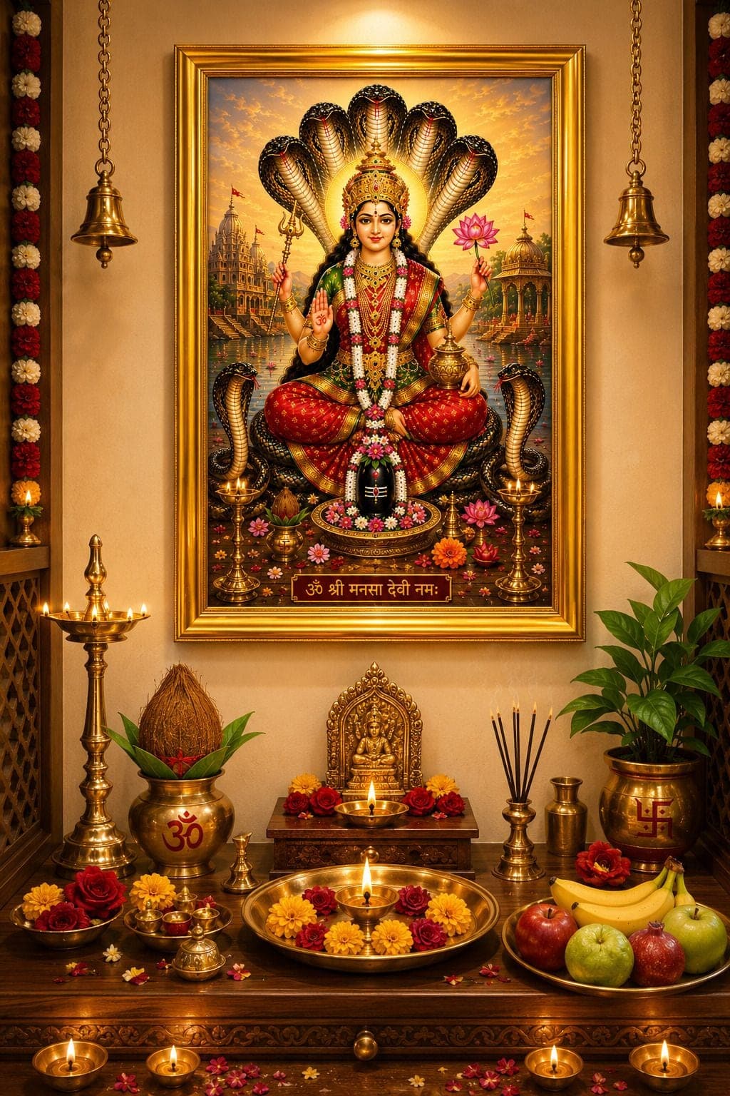 Maa Mansa Devi Photo Frame with Plain Golden Frame — 24x19 cm