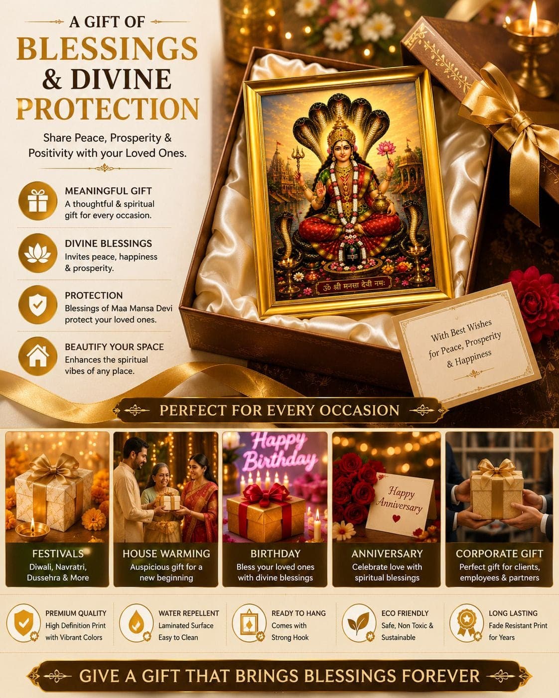 Maa Mansa Devi Photo Frame with Plain Golden Frame — 24x19 cm