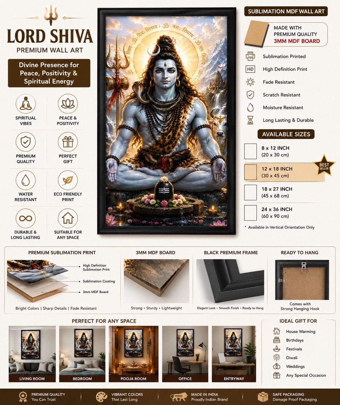 Lord Shiva Premium Wall Art with Black Frame — 24x19 cm