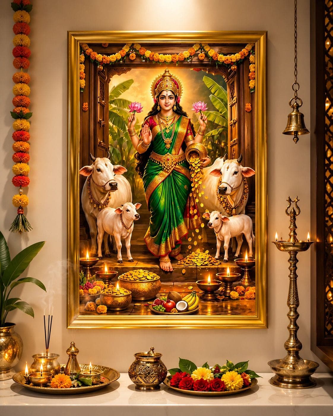 Divine Goddess Lakshmi Wall Painting with Cow & Calf — 24x19 cm