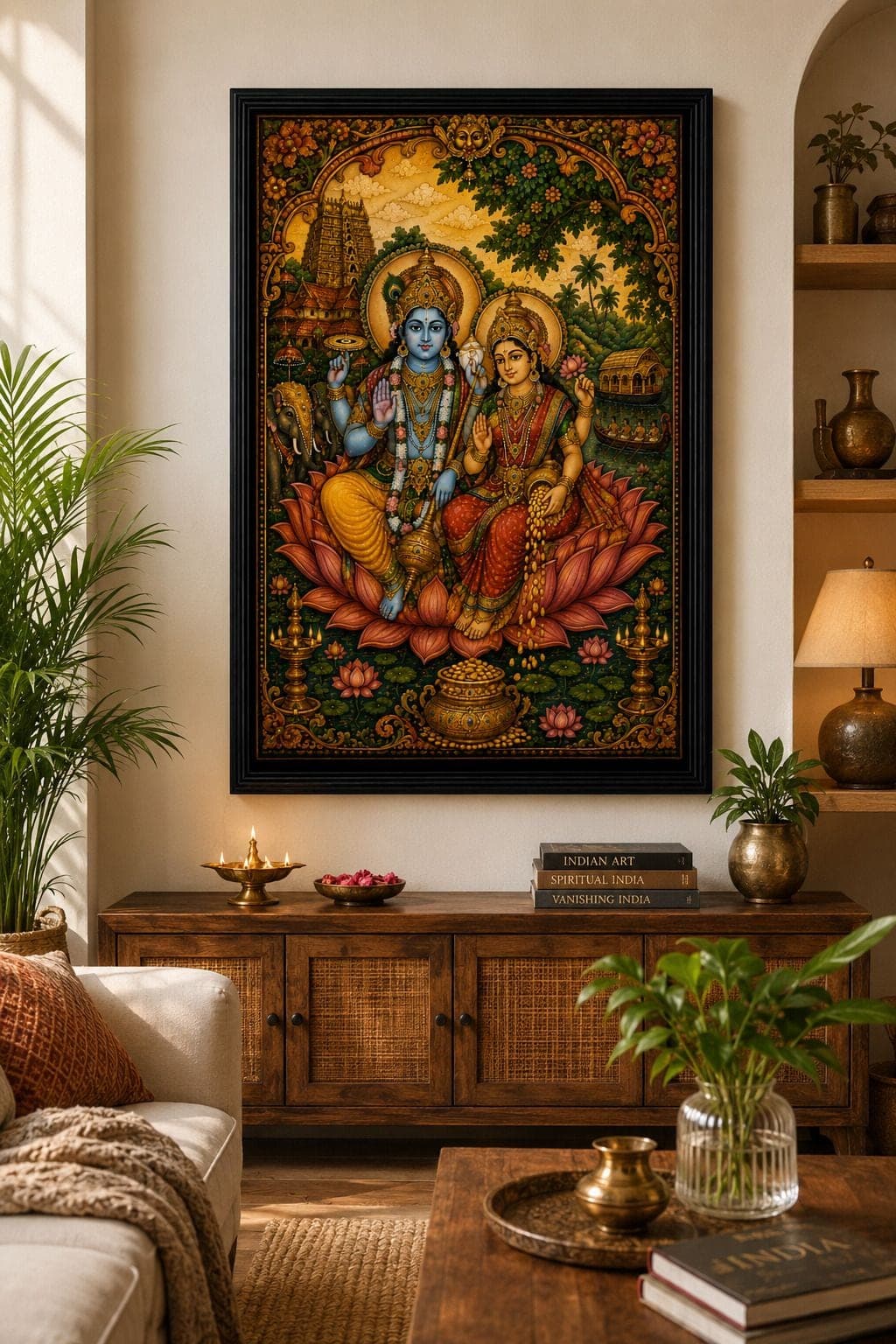 Divine Vishnu Lakshmi Wall Painting with Black Frame — 24x19 cm