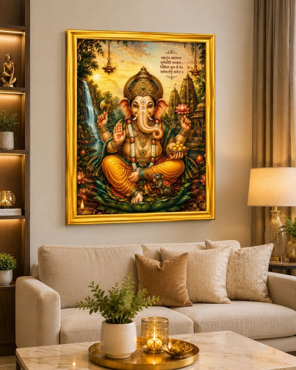 Lord Ganesha Golden Frame Wall Painting for Pooja Room — 24x19 cm