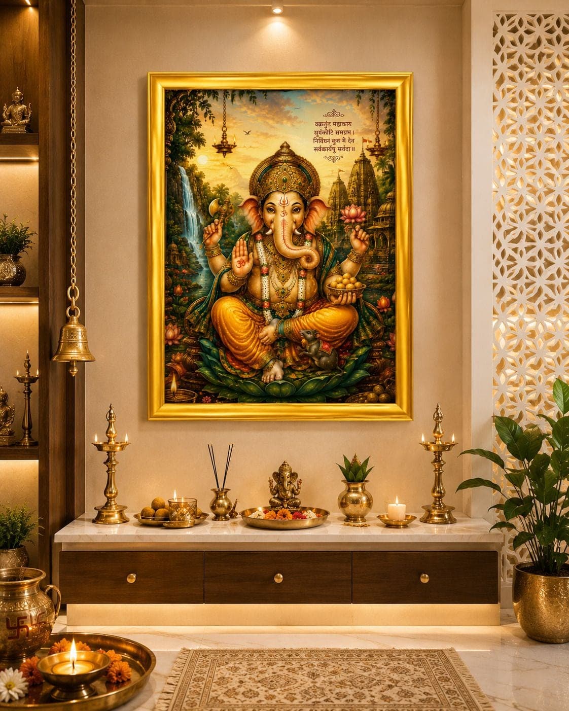 Lord Ganesha Golden Frame Wall Painting for Pooja Room — 24x19 cm