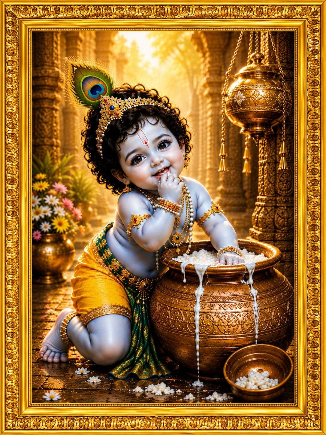 Baby Krishna Makhan Chor MDF Wall Painting with Premium Golden Frame — 24x19 cm