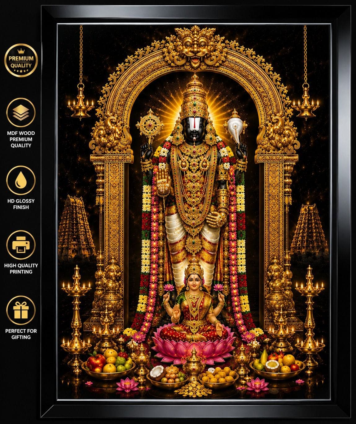 Tirupati Balaji with Laksmi ji HD Glossy MDF Painting with Black Canvas Frame — 60x45 cm