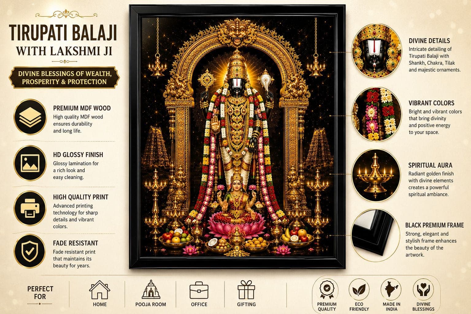 Tirupati Balaji with Laksmi ji HD Glossy MDF Painting with Black Canvas Frame — 60x45 cm