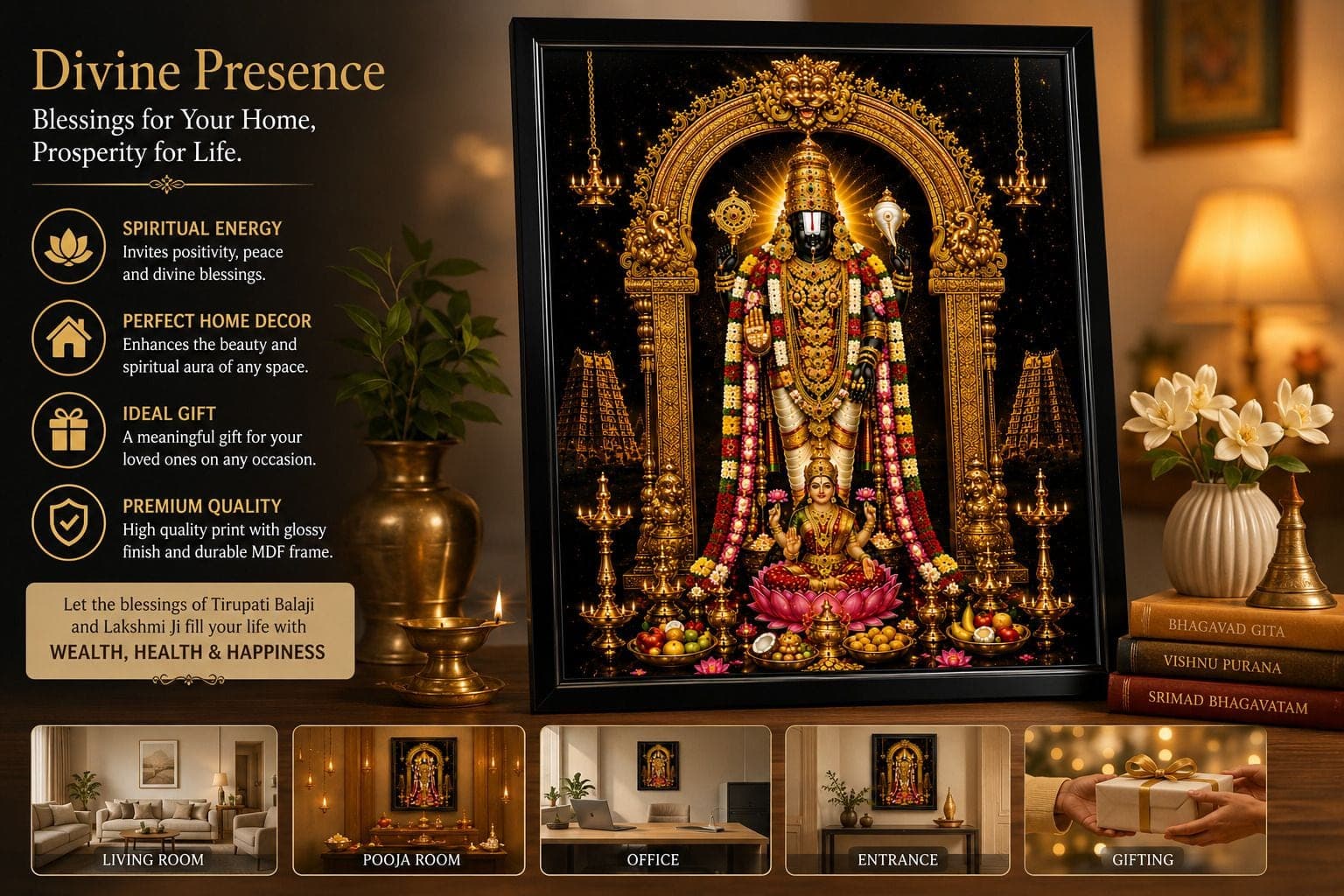 Tirupati Balaji with Laksmi ji HD Glossy MDF Painting with Black Canvas Frame — 60x45 cm