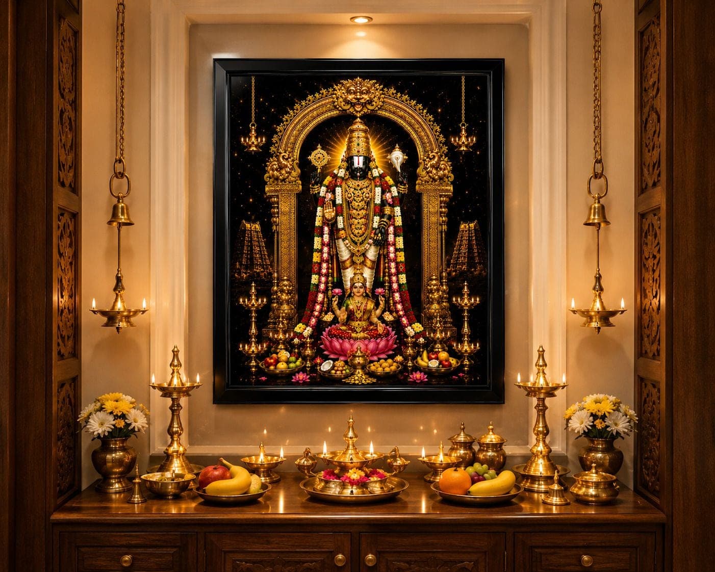 Tirupati Balaji with Laksmi ji HD Glossy MDF Painting with Black Canvas Frame — 60x60 cm