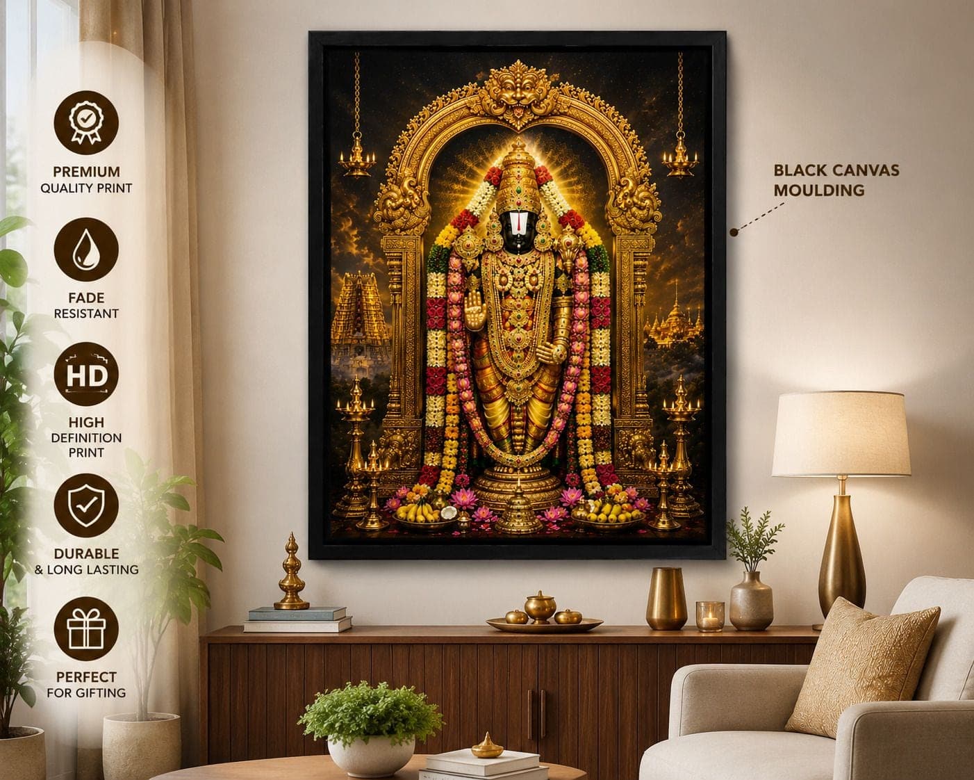 Tirupati Balaji HD Glossy MDF Painting with Black Canvas Frame — 45x30 cm