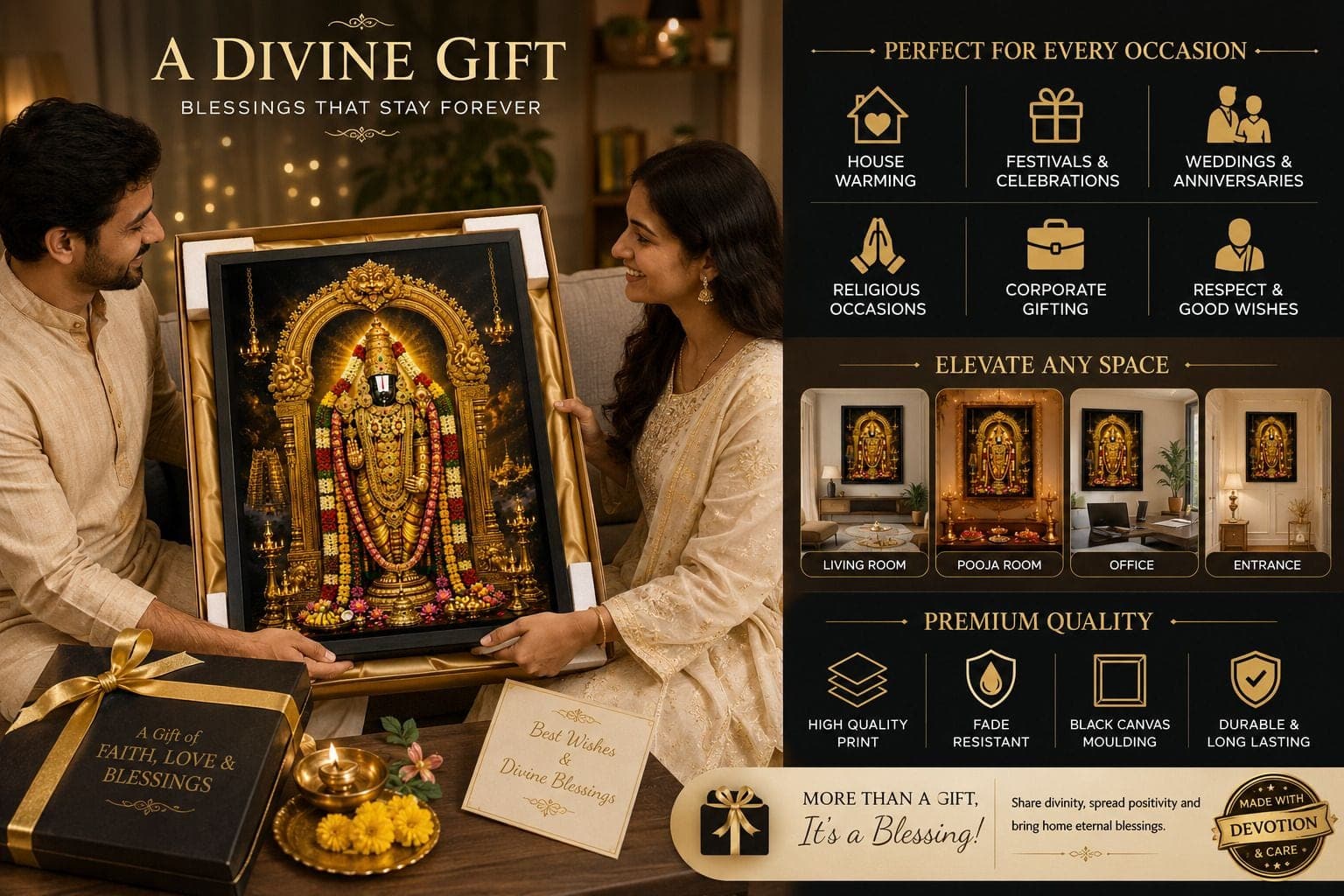 Tirupati Balaji HD Glossy MDF Painting with Black Canvas Frame — 45x30 cm
