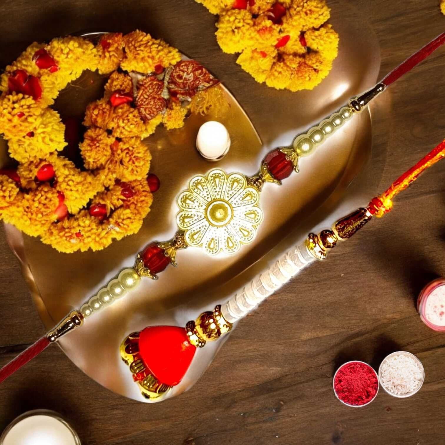 SUNINOW Bhaiya Bhabhi RS-07 Zardosi Rakhi  Set (1 rakhi for brother , 1 rakhi for bhabhi)
