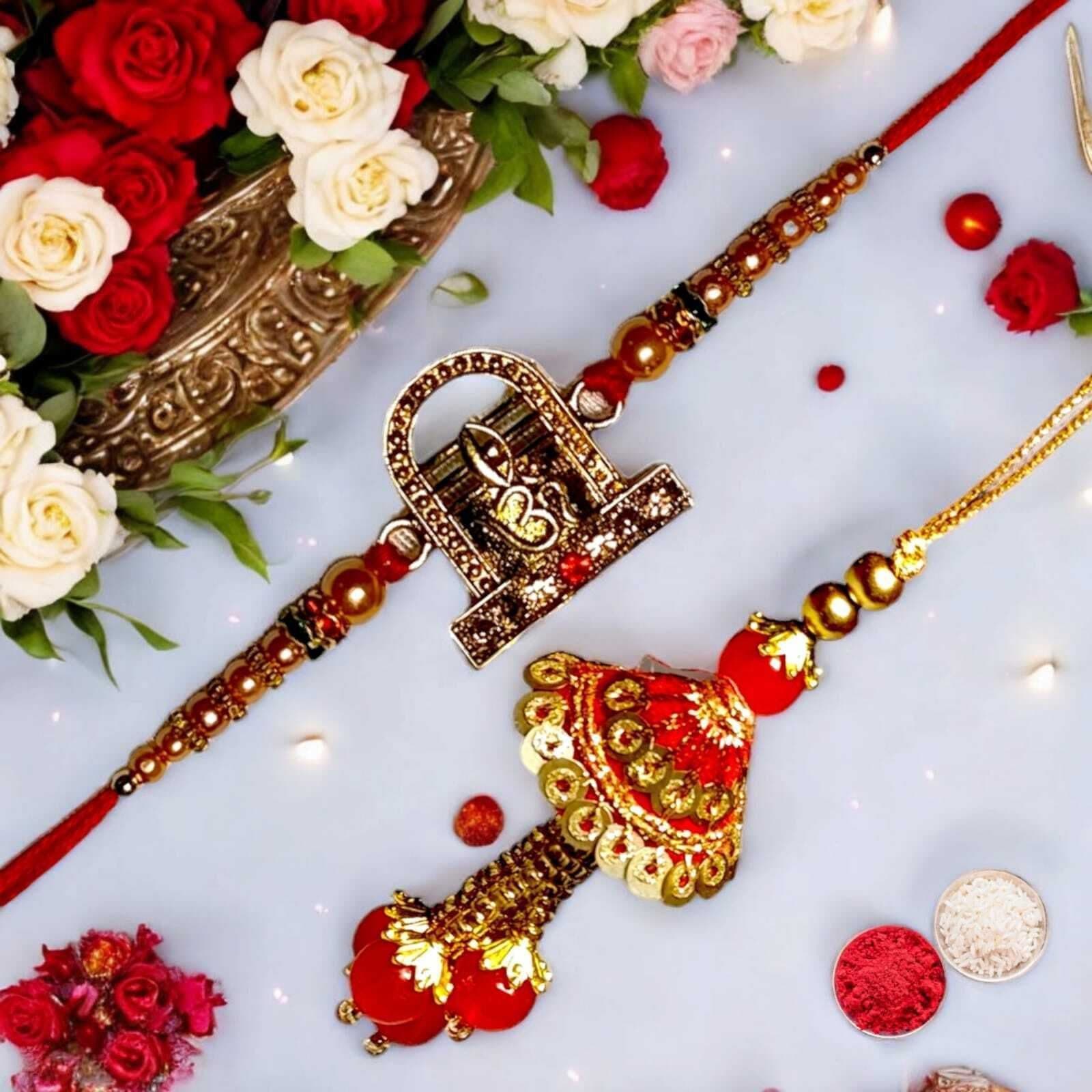 SUNINOW Bhaiya Bhabhi RS-11 Zardosi Rakhi  Set (1 rakhi for brother , 1 rakhi for bhabhi)