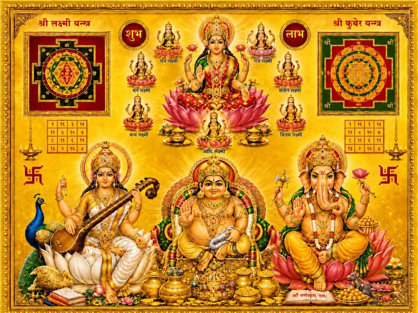 Shubh Labh Laxmi Ganesh Saraswati Kuber Wall Painting — 22x17 cm