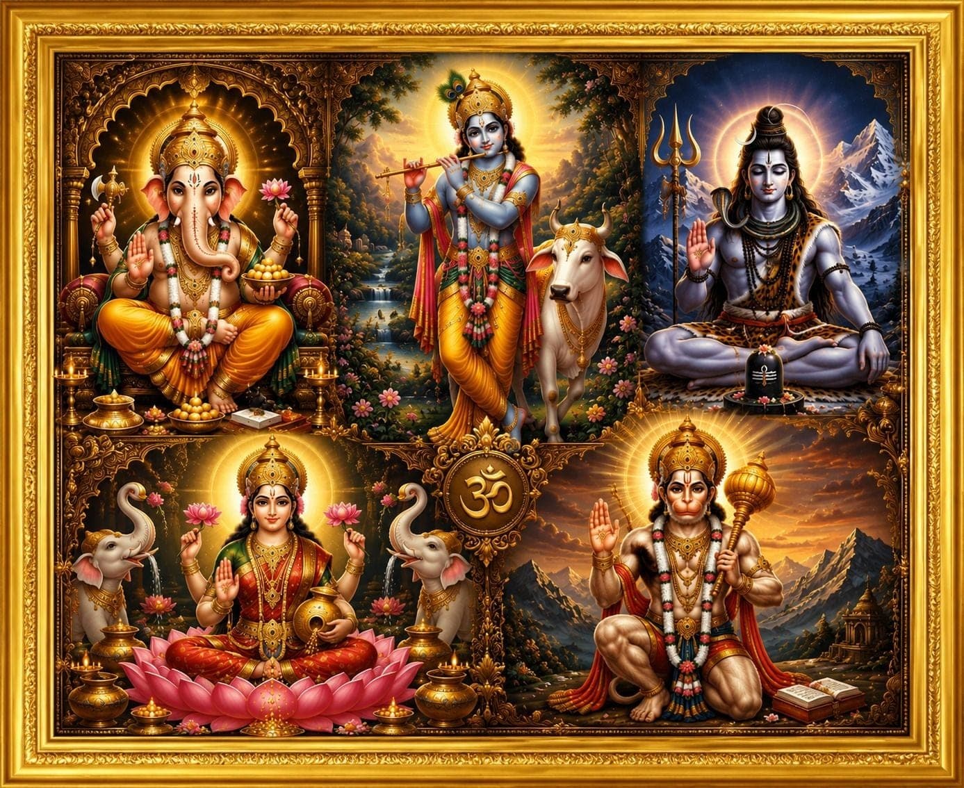 Panch Dev Darbar Golden Framed Wall Painting | — 20x14 cm