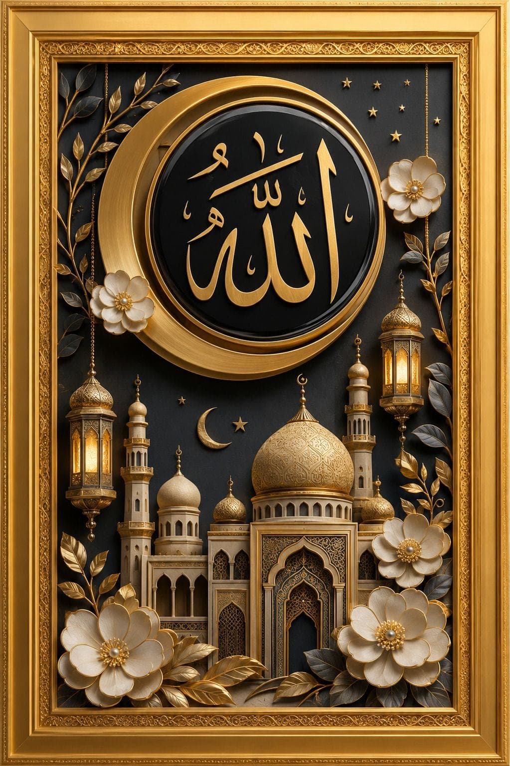 Allah Islamic Calligraphy Mosque Floral Religious Wall Painting — 33x24 cm