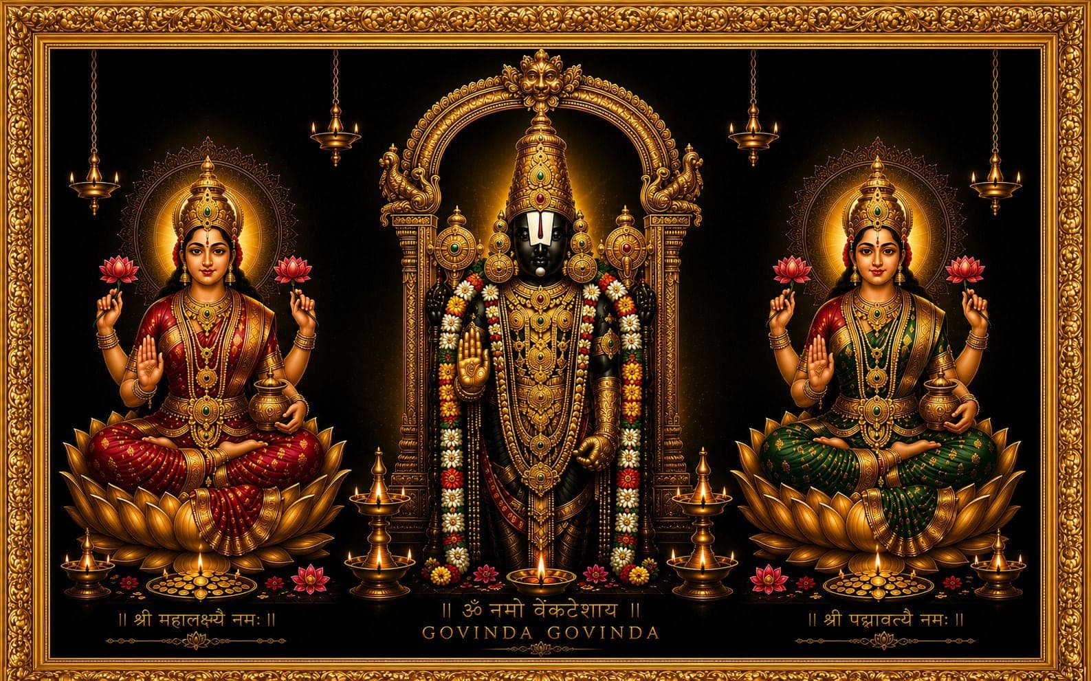 Lord Venkateswara with Goddess Lakshmi & Padmavati Religious Photo Frame — 33x24 cm