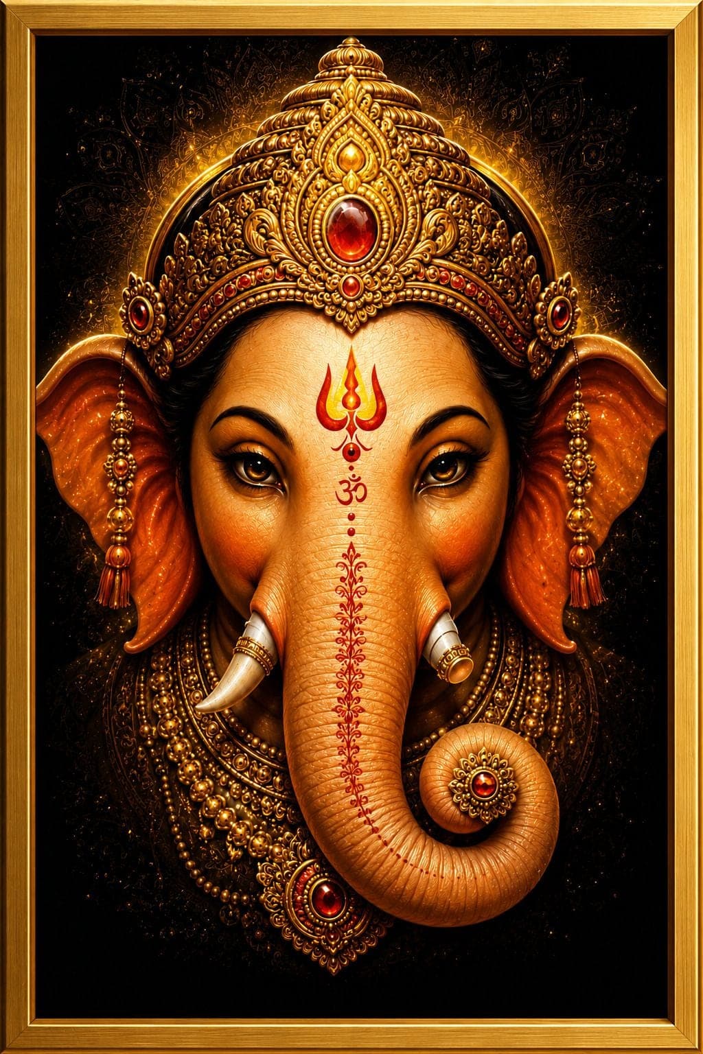 Lord Ganesha Golden Framed Wall Painting for Home and Pooja Room — 33x24 cm