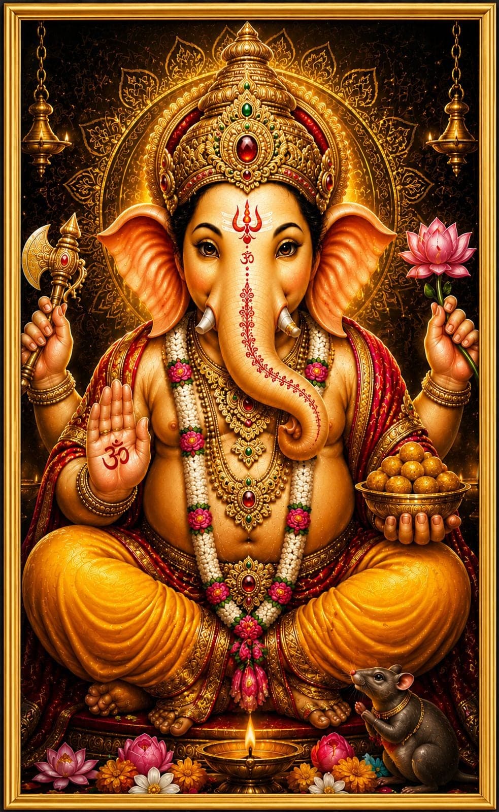 Lord Ganesha Golden Frame Wall Painting for Pooja Room and Living Room — 33x24 cm