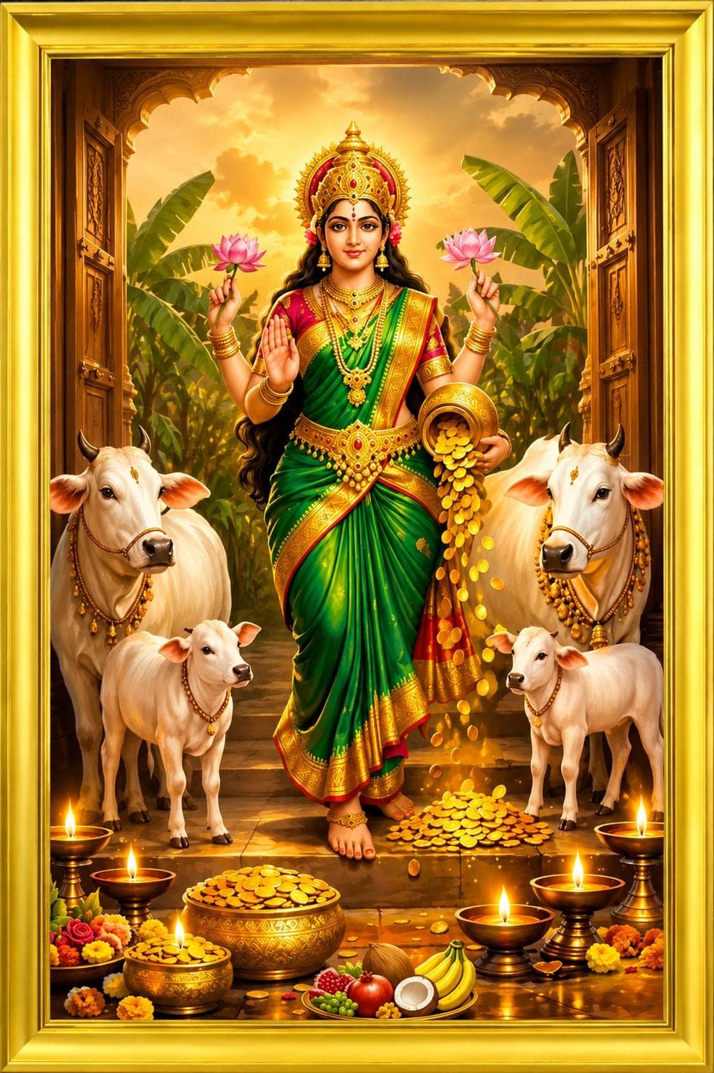 Goddess Lakshmi with Cow and Calf Religious frame 35.6 × 25.4 cm — 35.6x25.4 cm