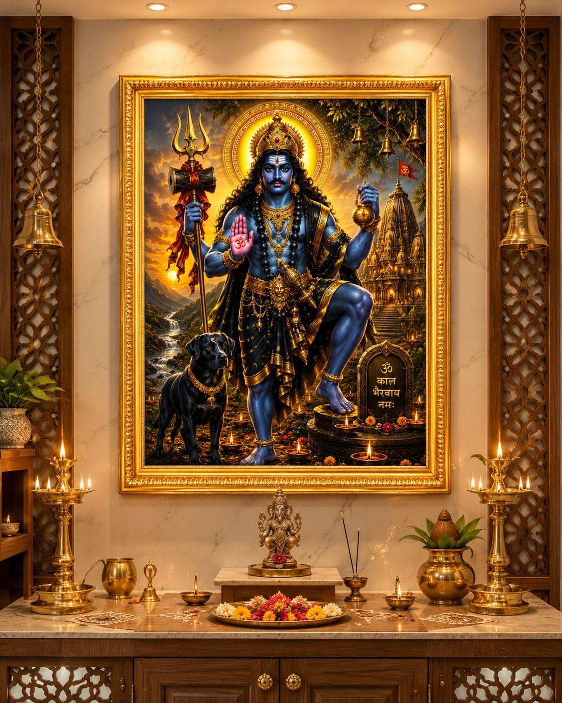 Kaal Bhairav Ji Golden Frame Wall Photo — 24x19 cm