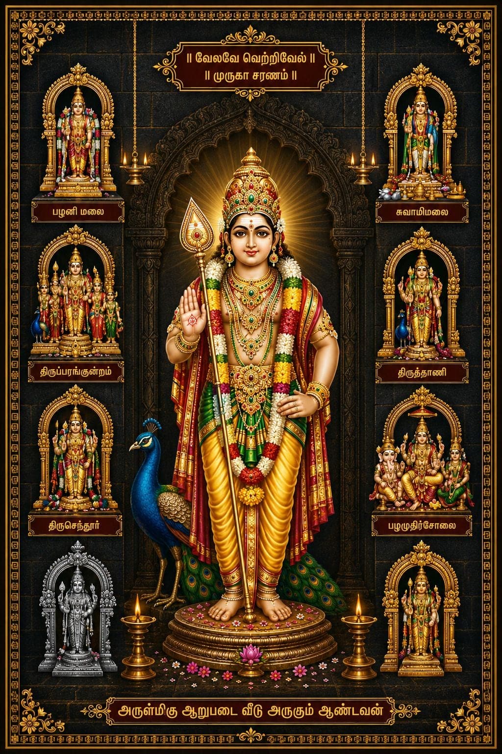 Lord Murugan / Kartikeya Swami Arupadai Veedu Religious Photo Frame — 24x19 cm
