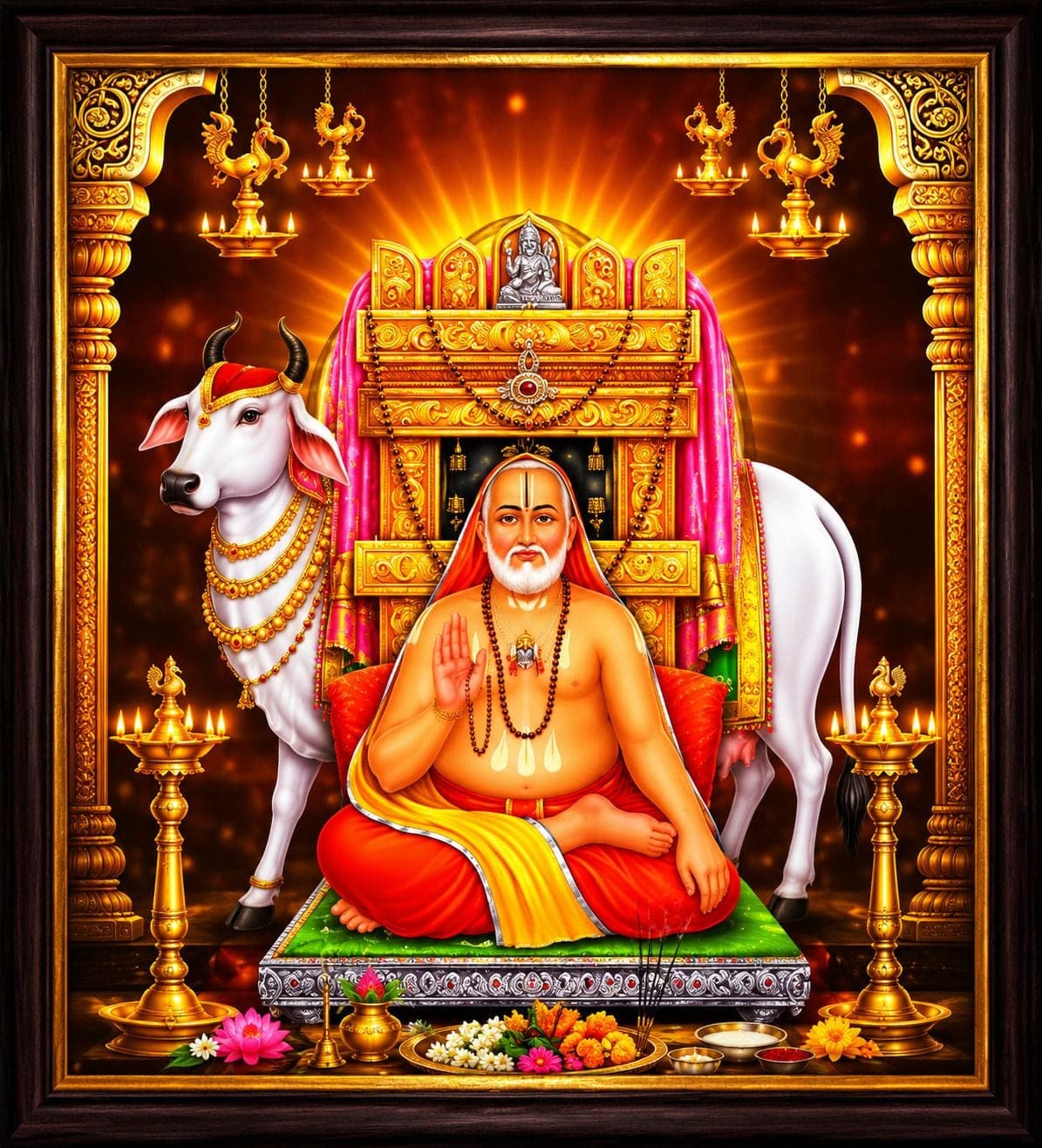 Shri Raghavendra Swamy with Kamadhenu Cow Wall Photo Religious Photo Frame — 24x19 cm